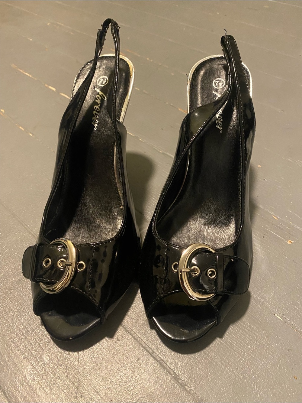 Forever 21 Black Patent Peep-Toe Slingback Heels with Silver Buckle